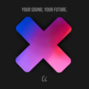 Standard cover art from Locke Ghost Producer featuring a black background with a centered "X" symbol filled with vibrant abstract colors in shades of blue, purple, and red. The message "YOUR SOUND, YOUR FUTURE" appears at the top in a clean gray font. At the bottom, the Locke Ghost Producer logo is displayed. The artwork symbolizes innovation and a connection to the future of electronic music, aligned with modern production concepts.